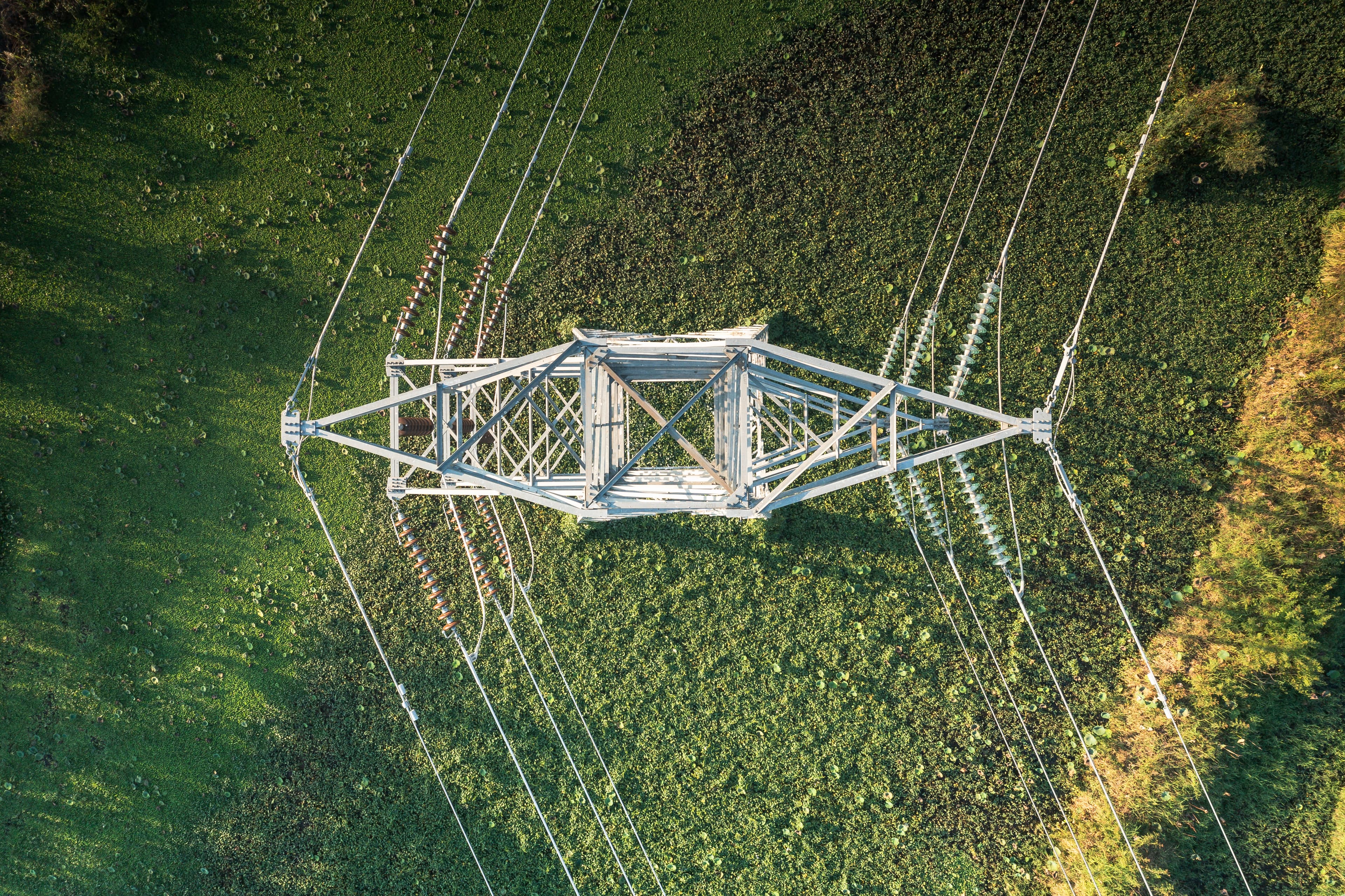 Transmission tower  in aerial view or top view.